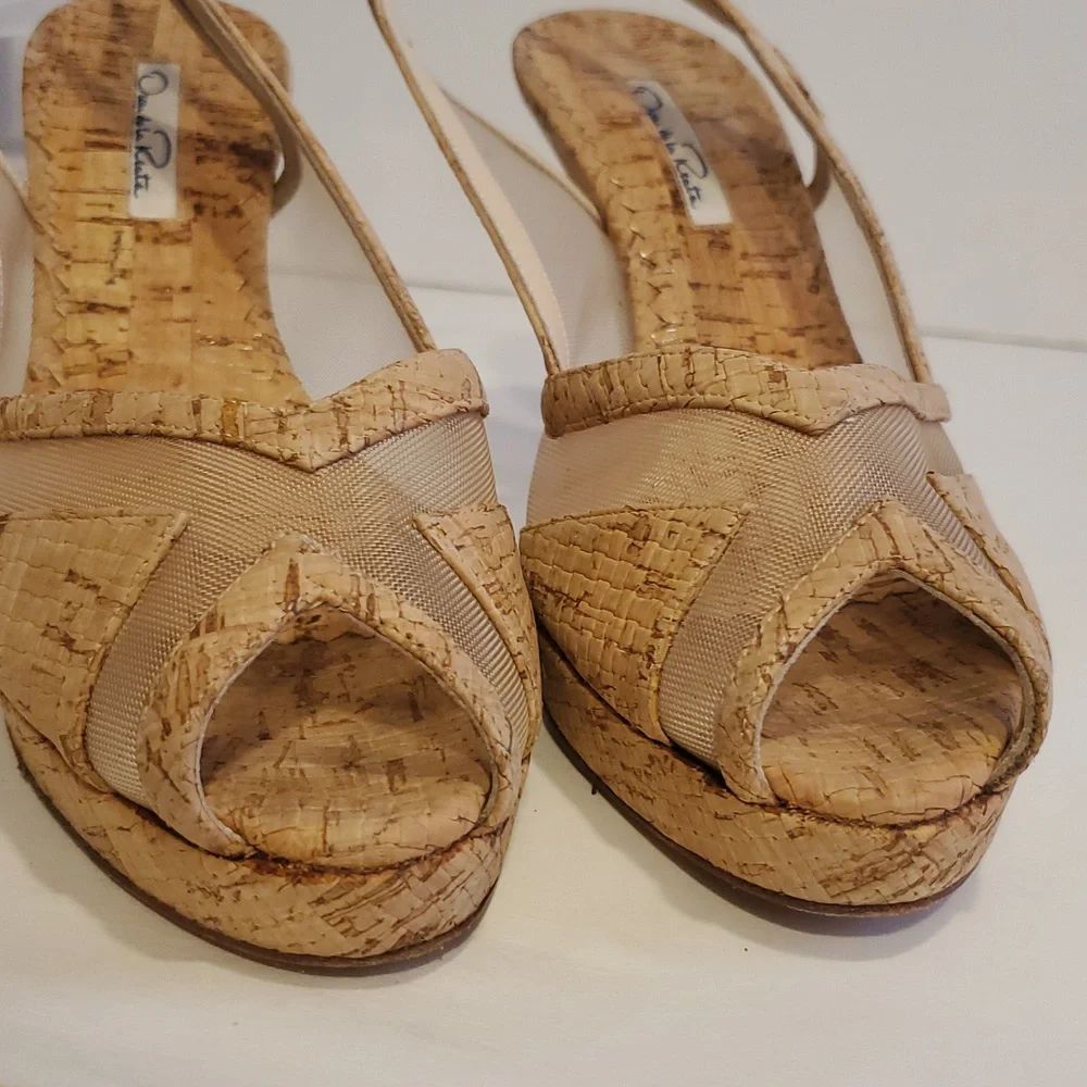 Oscar de la Renta Cork Mesh Slingback Peeptoe Heels Size 9 - Picture 5 of 12